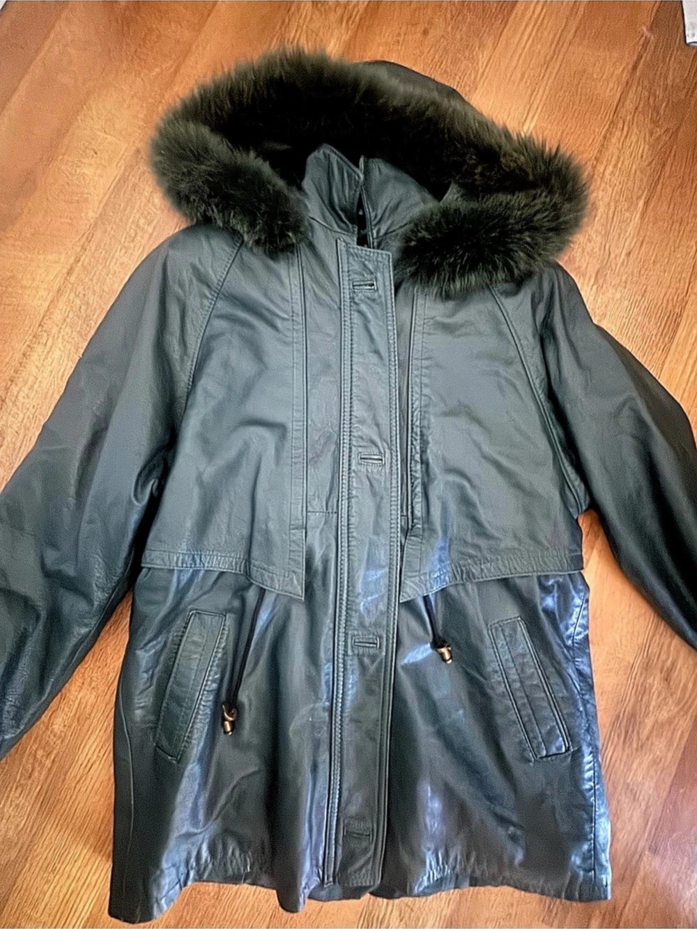 Vintage Leather Hooded rabbit fur Jacket in Green